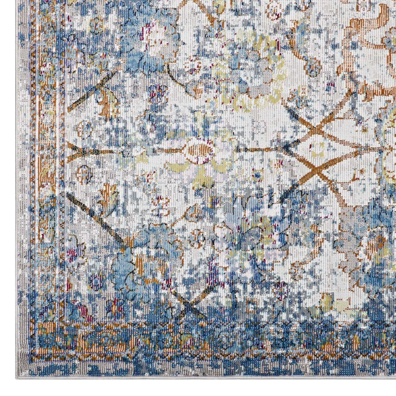 Minu Distressed Floral Lattice 4x6 Area Rug, Fabric,  Multi Blue 14812