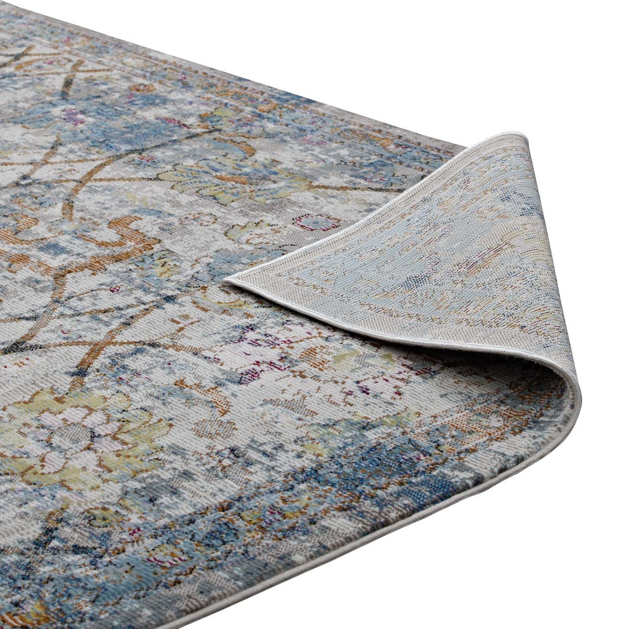 Minu Distressed Floral Lattice 4x6 Area Rug, Fabric,  Multi Blue 14812
