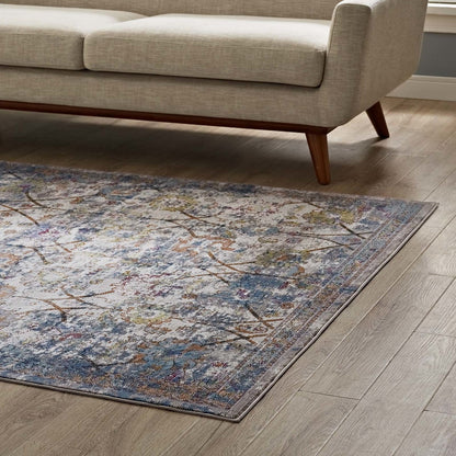 Minu Distressed Floral Lattice 4x6 Area Rug, Fabric,  Multi Blue 14812
