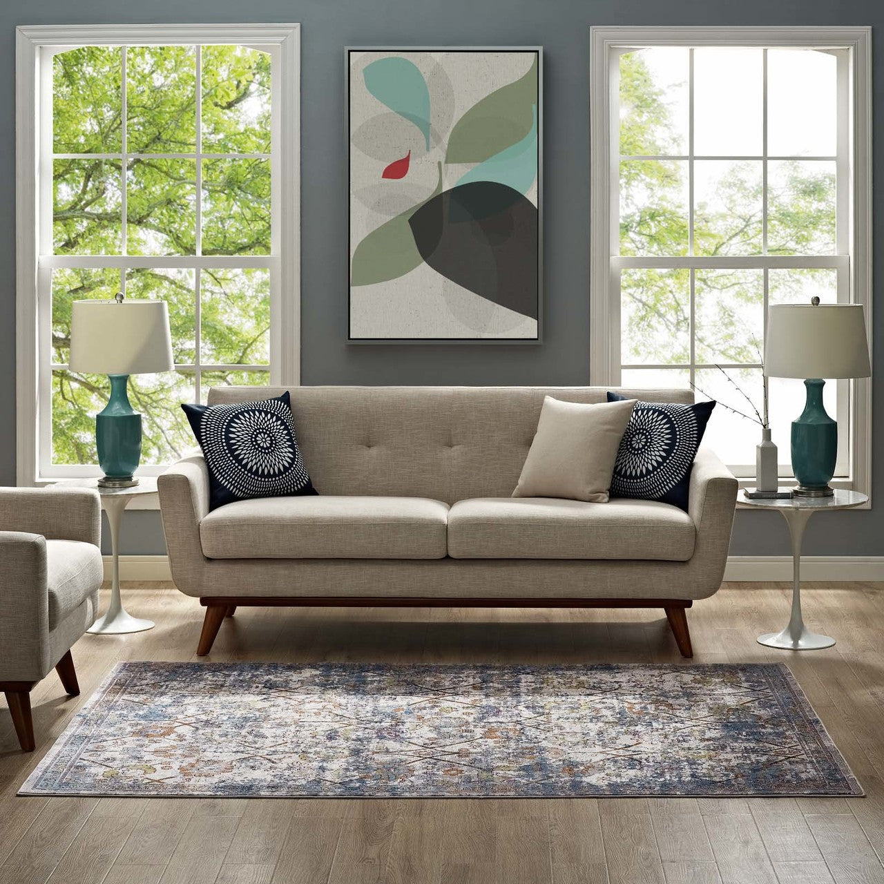 Minu Distressed Floral Lattice 4x6 Area Rug, Fabric,  Multi Blue 14812