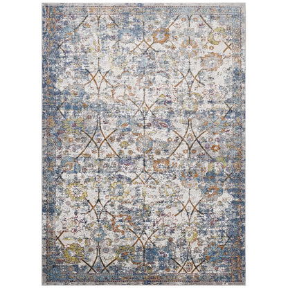 Minu Distressed Floral Lattice 5x8 Area Rug, Fabric,  Multi Blue 14813