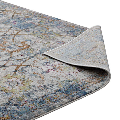 Minu Distressed Floral Lattice 5x8 Area Rug, Fabric,  Multi Blue 14813