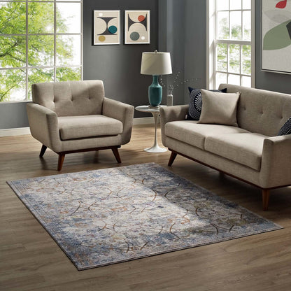 Minu Distressed Floral Lattice 5x8 Area Rug, Fabric,  Multi Blue 14813
