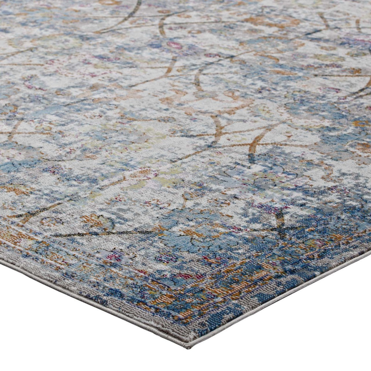 Minu Distressed Floral Lattice 8x10 Area Rug, Fabric,  Multi Blue 14814