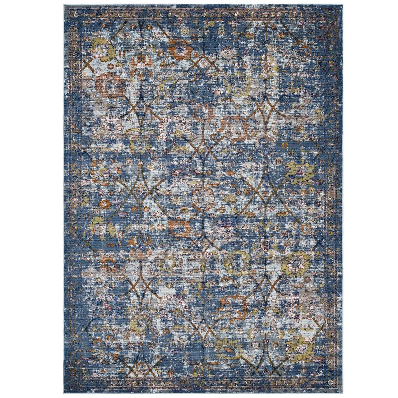 Minu Distressed Floral Lattice 4x6 Area Rug, Fabric,  Multi Blue 14815