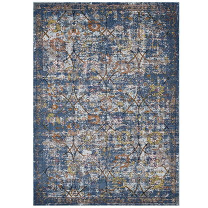 Minu Distressed Floral Lattice 4x6 Area Rug, Fabric,  Multi Blue 14815