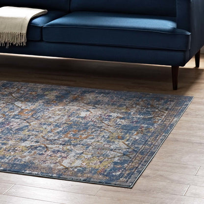 Minu Distressed Floral Lattice 4x6 Area Rug, Fabric,  Multi Blue 14815