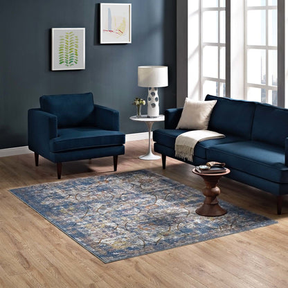 Minu Distressed Floral Lattice 4x6 Area Rug, Fabric,  Multi Blue 14815