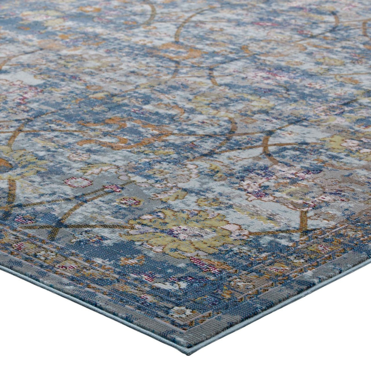 Minu Distressed Floral Lattice 5x8 Area Rug, Fabric,  Multi Blue 14816