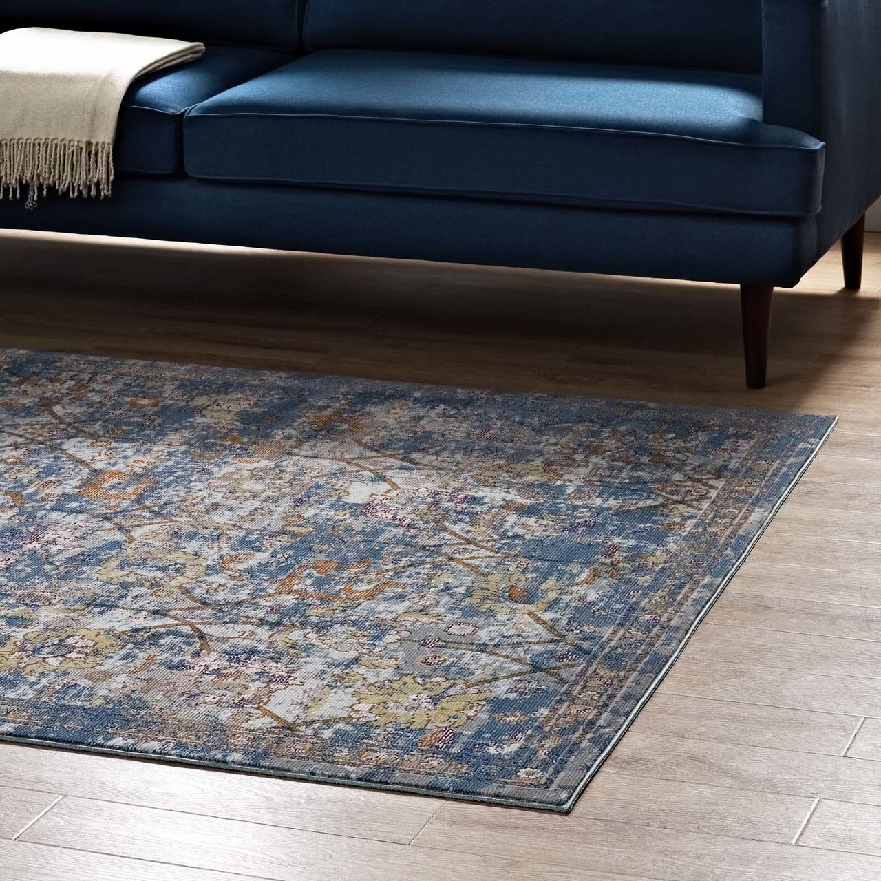 Minu Distressed Floral Lattice 5x8 Area Rug, Fabric,  Multi Blue 14816