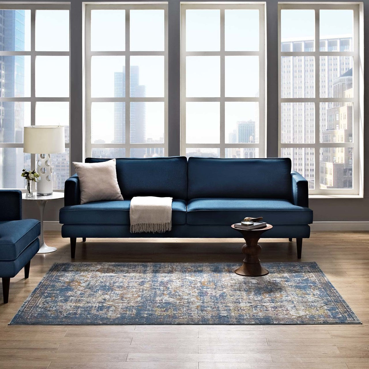 Minu Distressed Floral Lattice 5x8 Area Rug, Fabric,  Multi Blue 14816