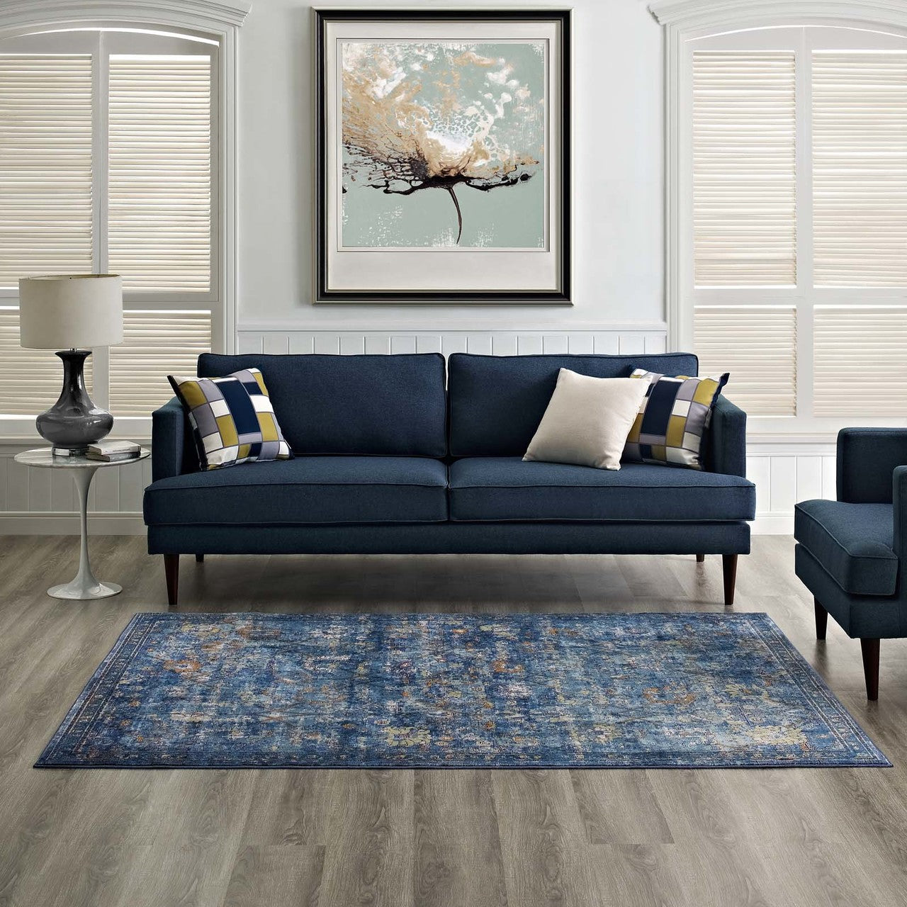 Minu Distressed Floral Lattice 4x6 Area Rug, Fabric,  Multi Blue 14818