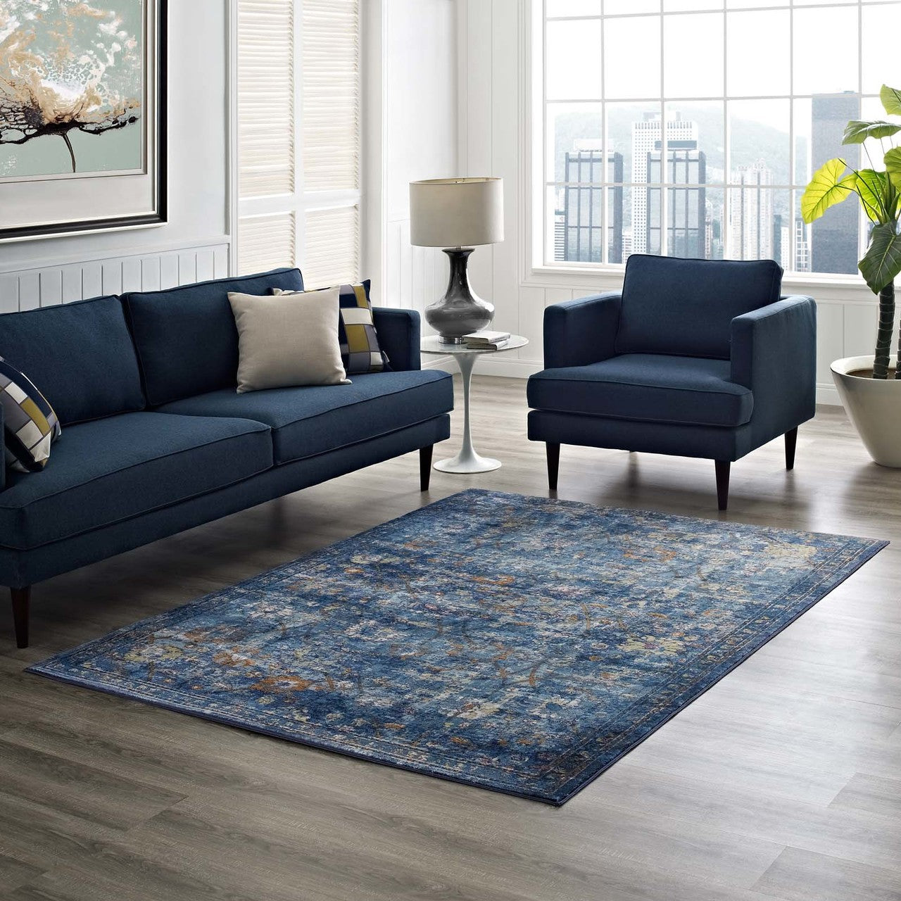 Minu Distressed Floral Lattice 4x6 Area Rug, Fabric,  Multi Blue 14818