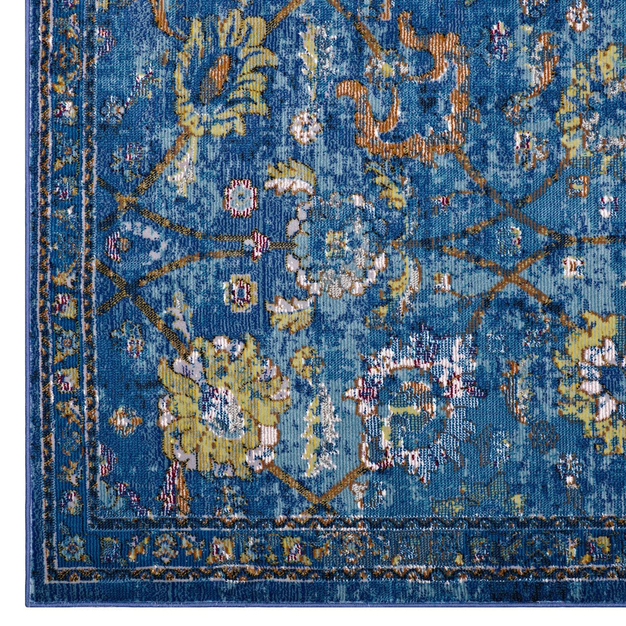 Minu Distressed Floral Lattice 5x8 Area Rug, Fabric,  Multi Blue 14819