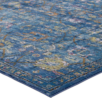 Minu Distressed Floral Lattice 5x8 Area Rug, Fabric,  Multi Blue 14819