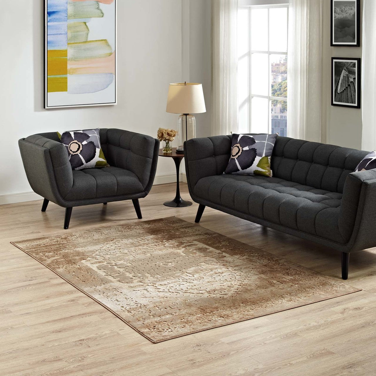 Rosina Distressed Persian Vintage Medallion 8x10 Area Rug, Fabric,  Brown Tan 14828