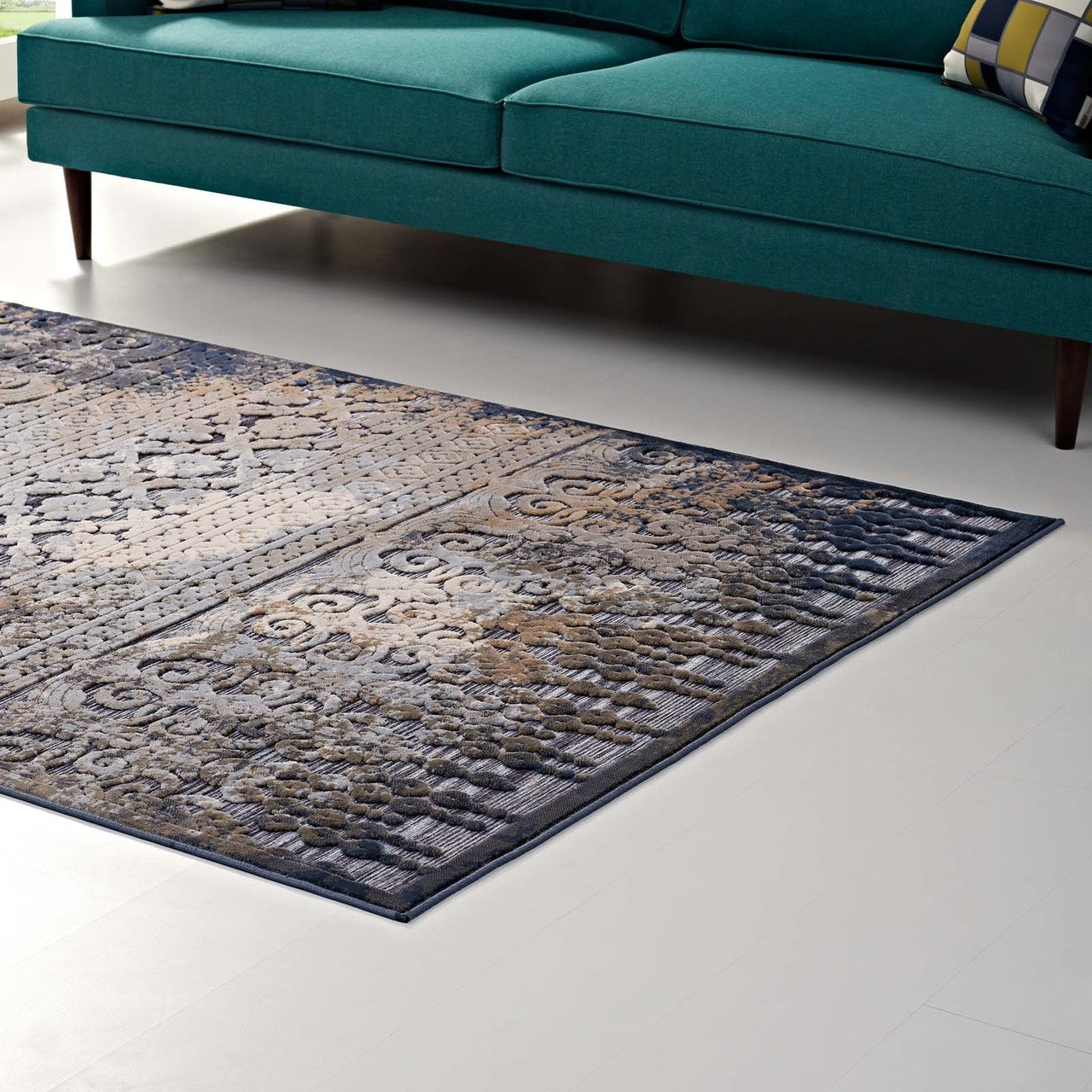 Kalene Distressed Vintage Turkish 5X8 Area Rug, Fabric,  Multi Blue 14835