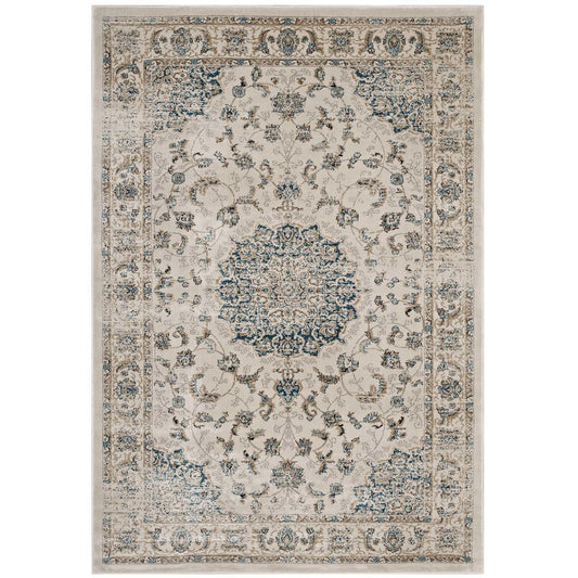 Atara Distressed Vintage Persian Medallion 5x8 Area Rug, Fabric,  Multi Beige 14843