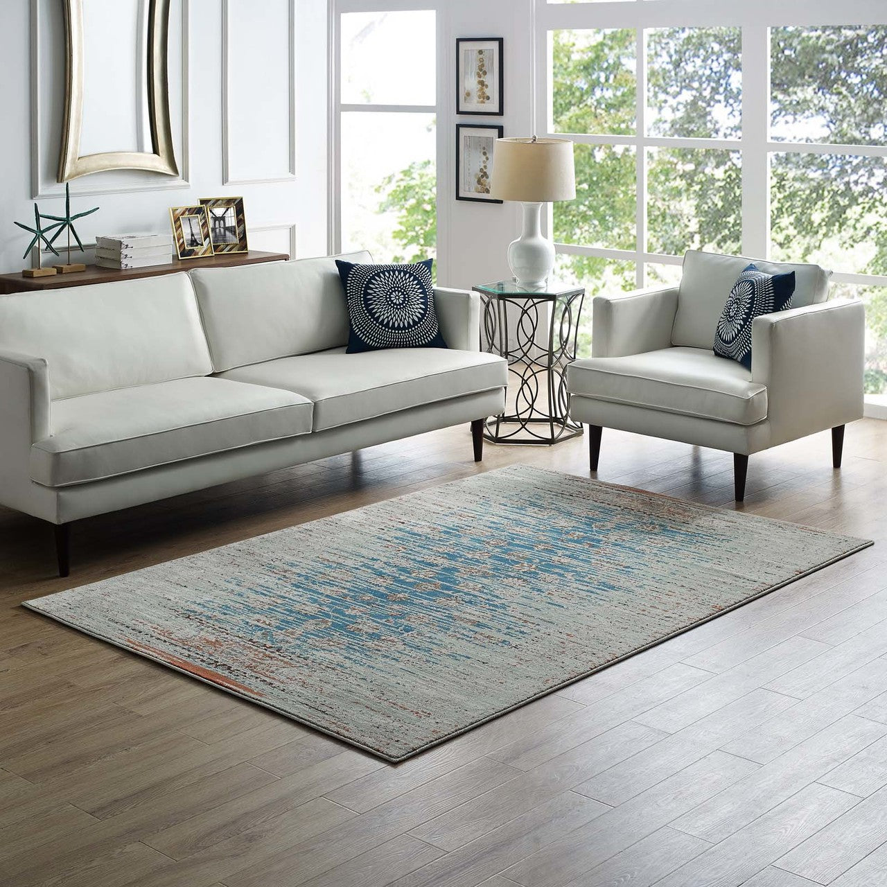 Hesper  Distressed Contemporary Floral Lattice 5x8 Area Rug, Fabric,  Multi Beige 14859