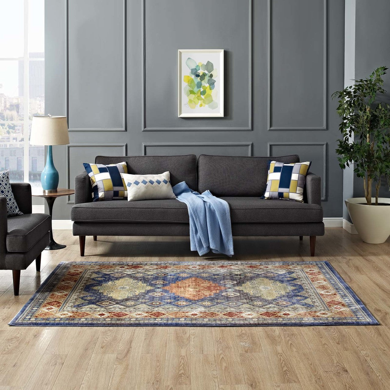 Atzi  Distressed 
Southwestern Diamond Floral 8x10 Area Rug, Fabric, Multi Colorful 14867