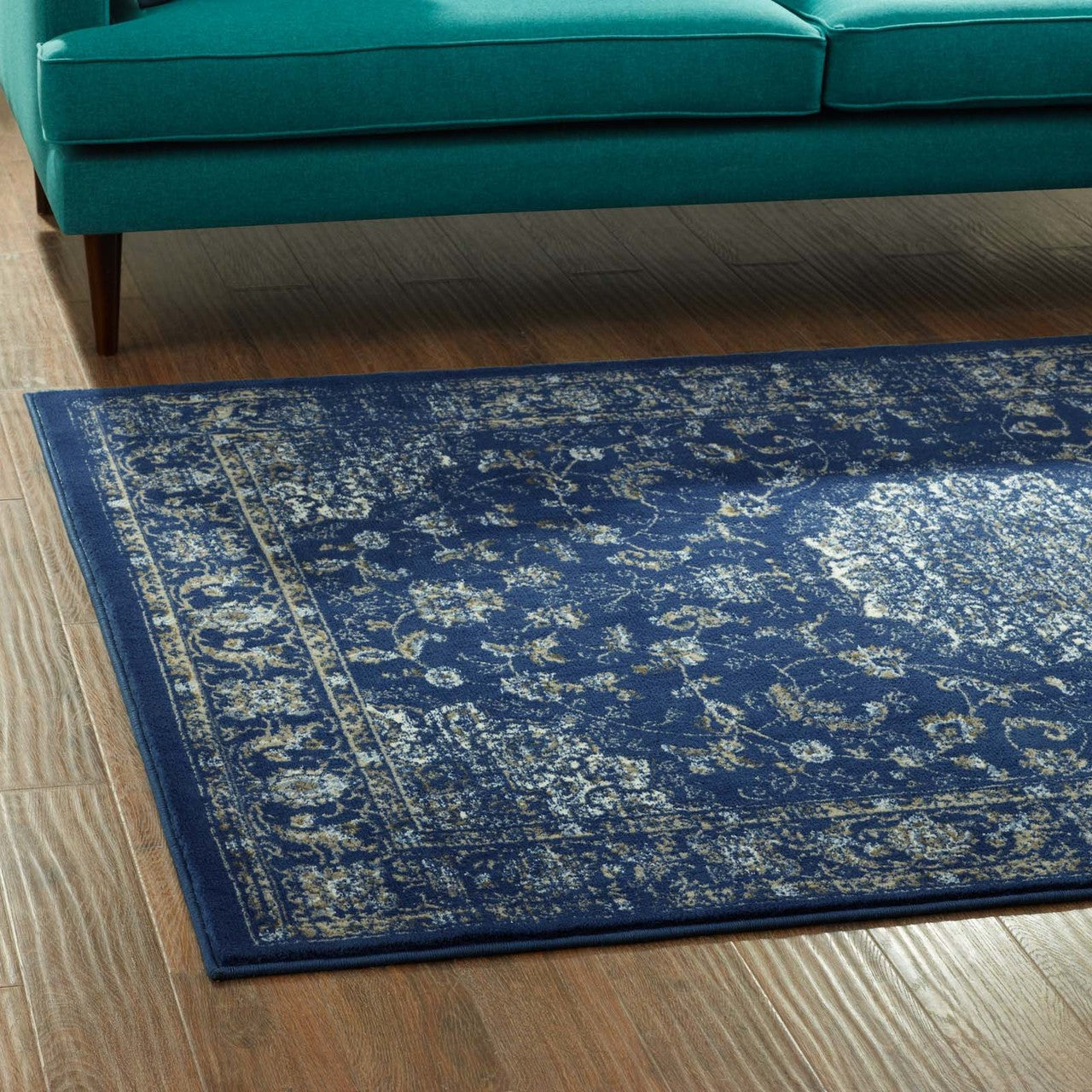 Lilja Distressed Vintage Persian Medallion 8x10 Area Rug, Fabric,  Blue 14884