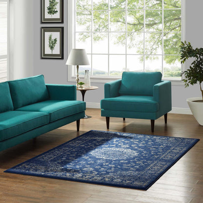 Lilja Distressed Vintage Persian Medallion 8x10 Area Rug, Fabric,  Blue 14884