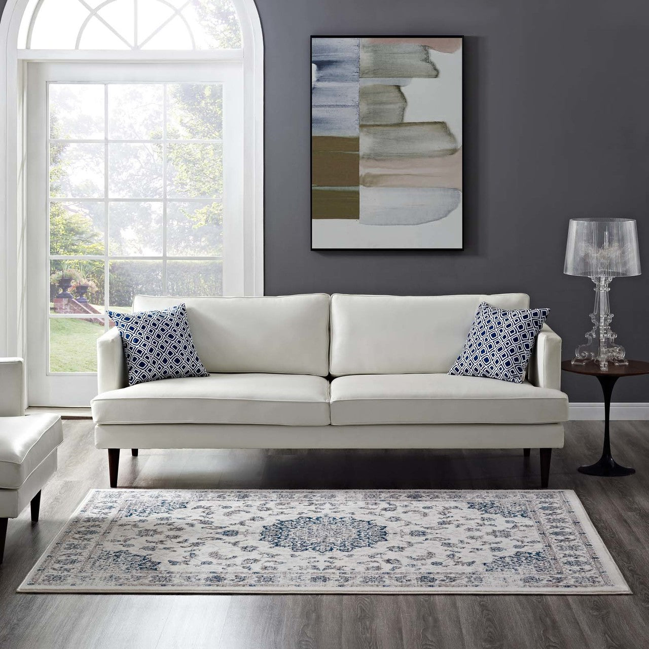 Lilja Distressed Vintage Persian Medallion 5x8 Area Rug, Fabric,  Ivory White 14885