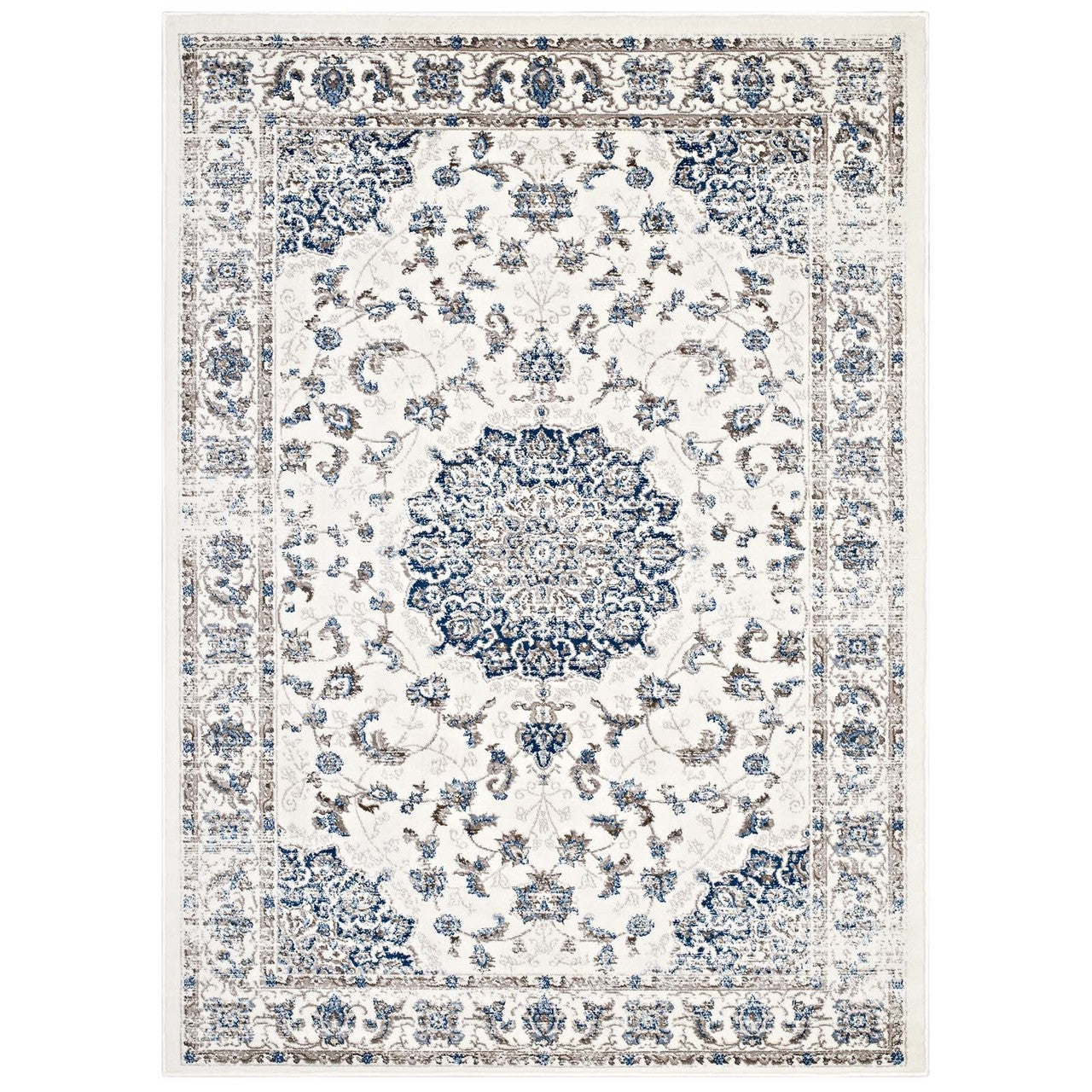 Lilja Distressed Vintage Persian Medallion 8x10 Area Rug, Fabric,  Ivory White 14886