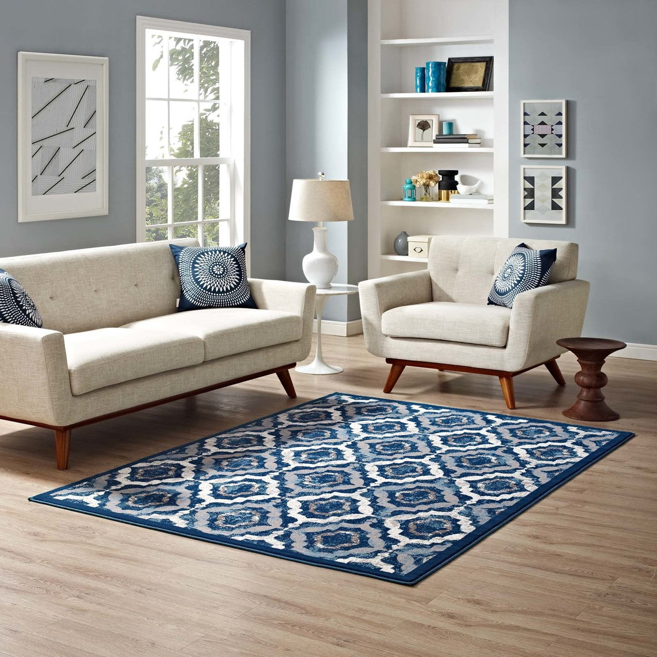 Kalinda Rustic Vintage Moroccan Trellis 5x8 Area Rug, Fabric, Multi Navy Blue 14889