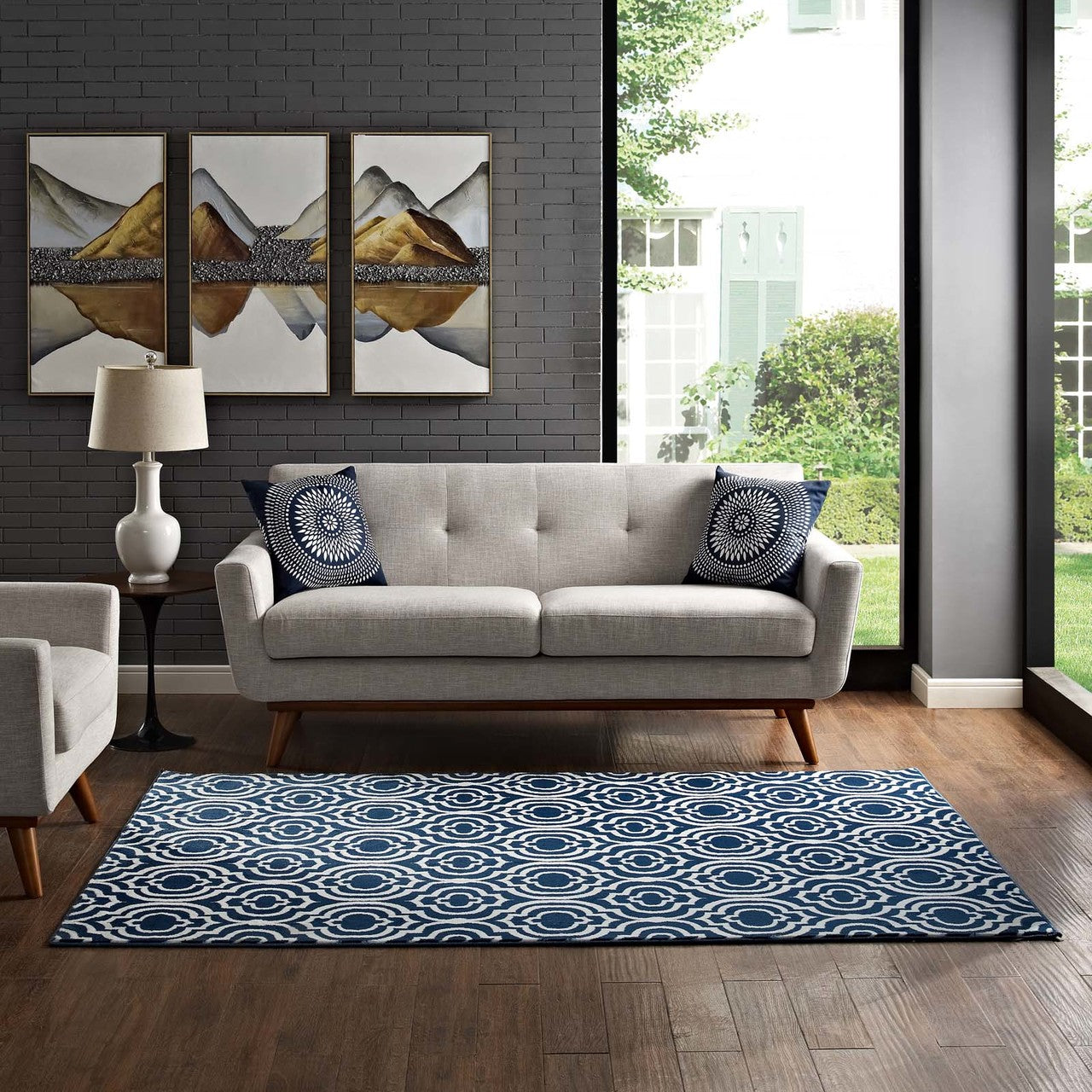 Frame Transitional Moroccan Trellis 5x8 Area Rug, Fabric, Multi Navy Blue 14903