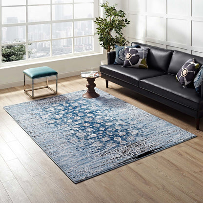 Chiara Distressed Floral Lattice Contemporary 5x8 Area Rug, Fabric, Antique  Blue 14905