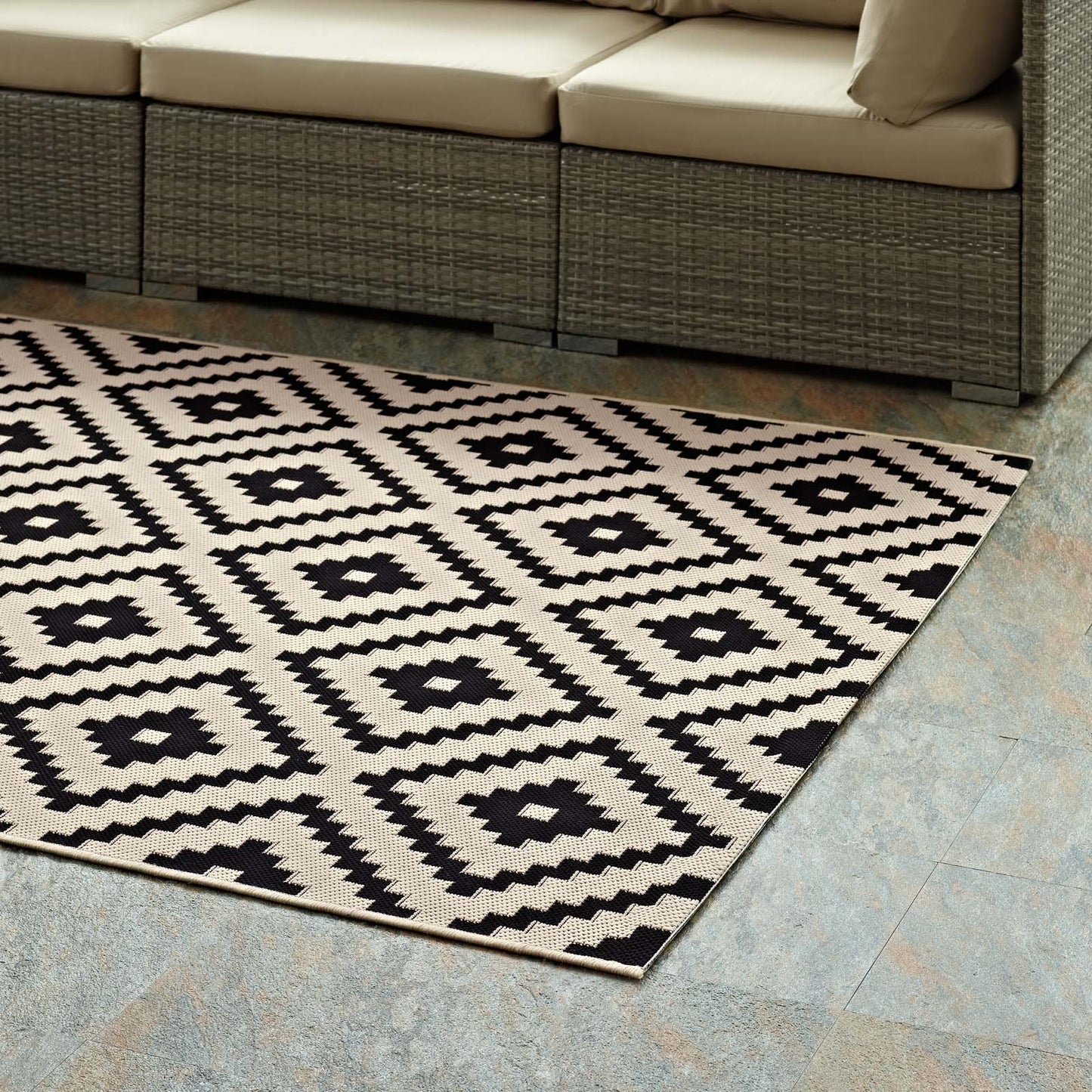 Perplex Geometric Diamond Trellis 9x12 Indoor and Outdoor Area Rug, Black Beige, 23086