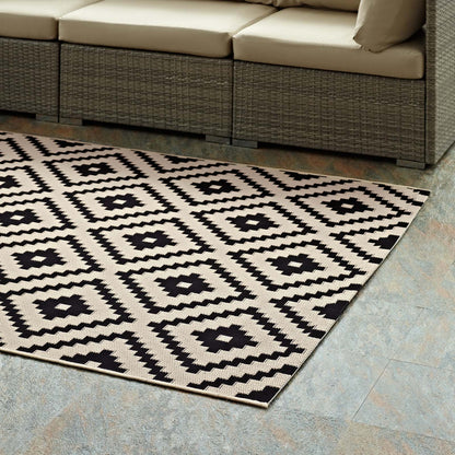 Perplex Geometric Diamond Trellis 9x12 Indoor and Outdoor Area Rug, Black Beige, 23086