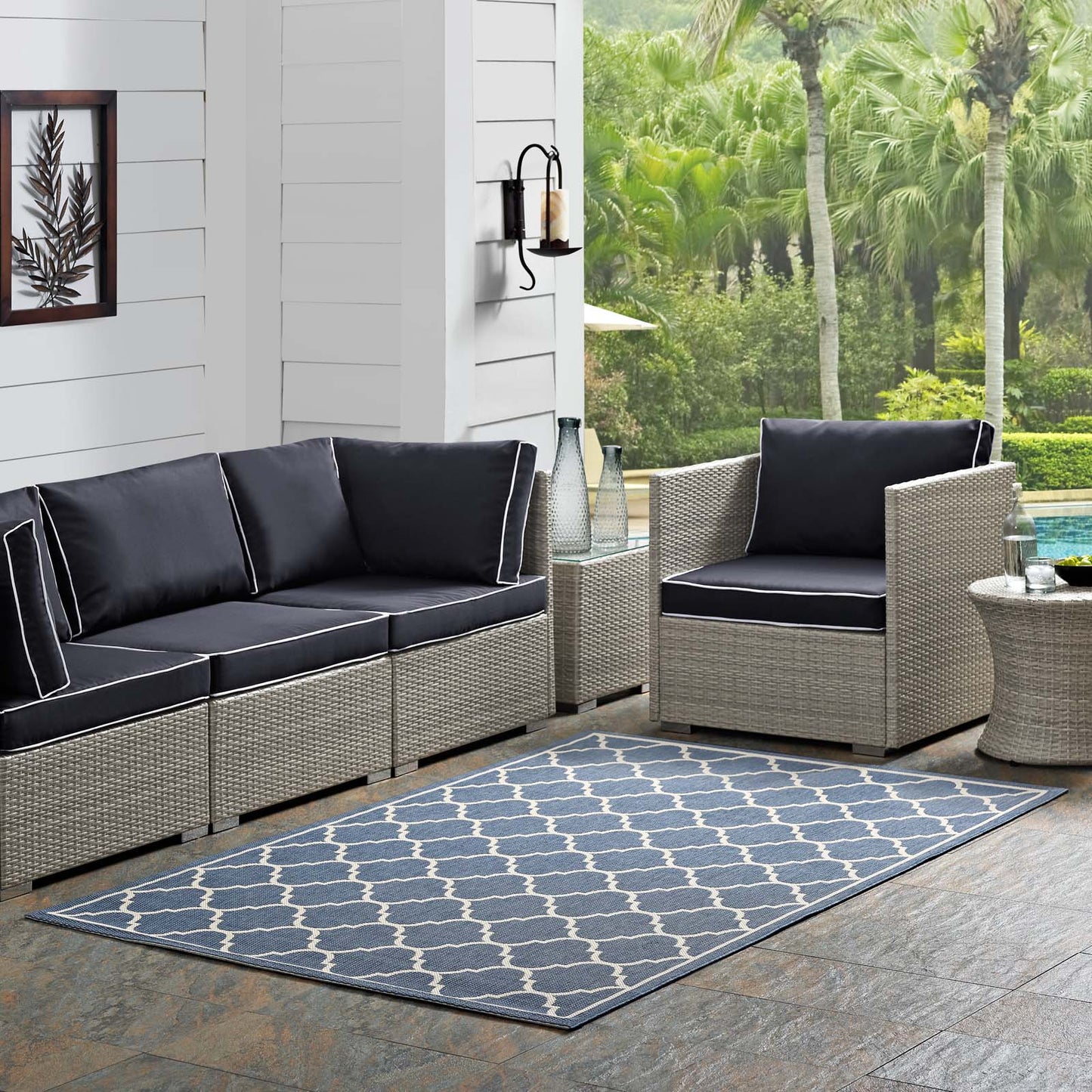 Avena Moroccan Quatrefoil Trellis 4x6 Indoor and Outdoor Area Rug, Blue Beige, 23089