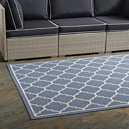 Avena Moroccan Quatrefoil Trellis 9x12 Indoor and Outdoor Area Rug, Blue Beige, 23090