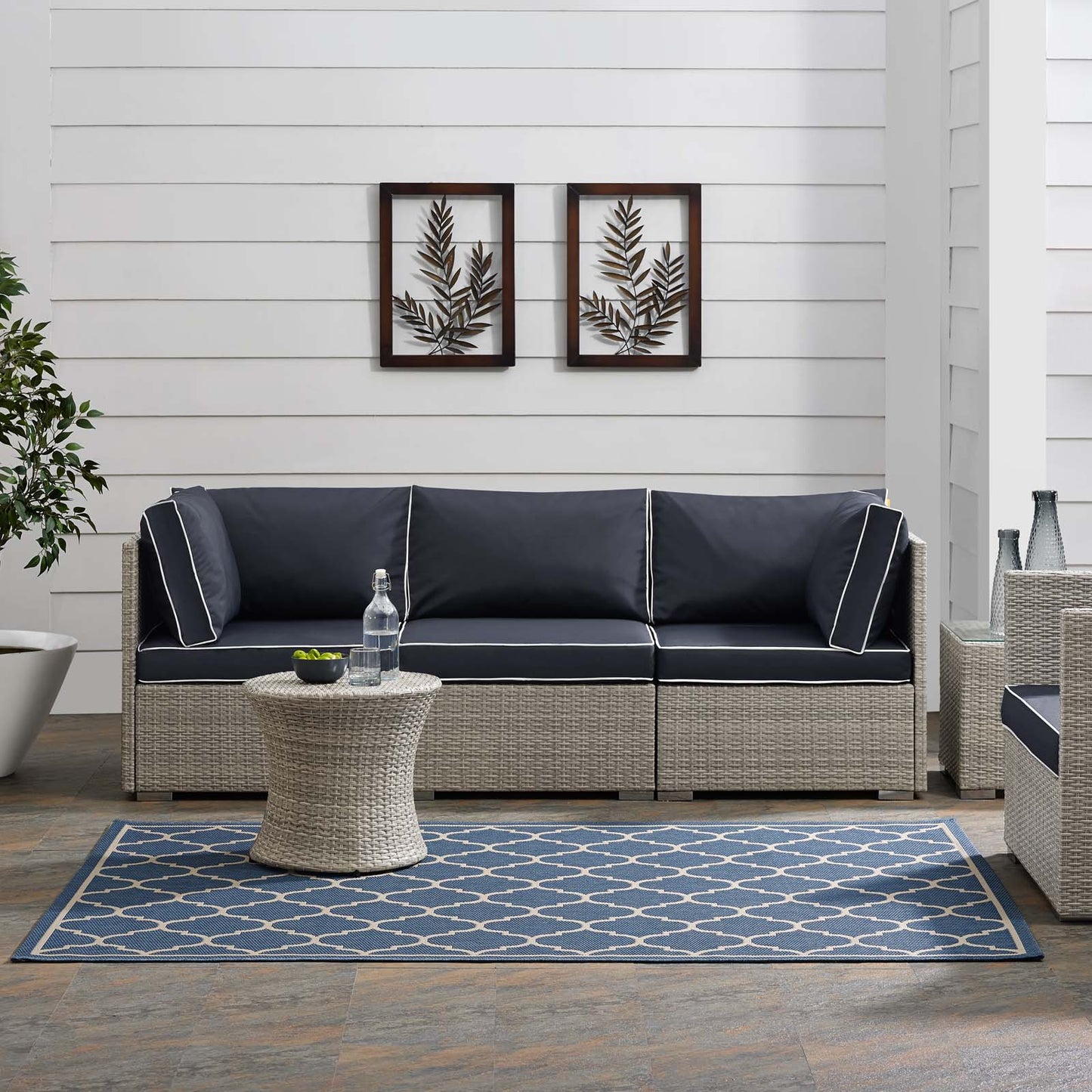 Avena Moroccan Quatrefoil Trellis 9x12 Indoor and Outdoor Area Rug, Blue Beige, 23090