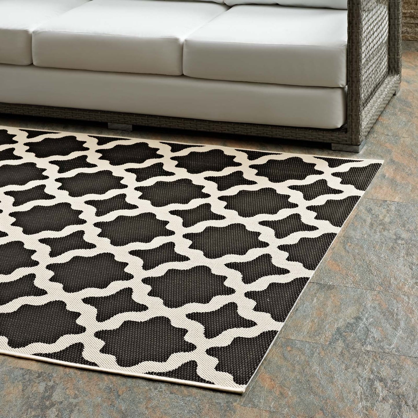 Cerelia Moroccan Trellis 9x12 Indoor and Outdoor Area Rug, Black Beige, 23102