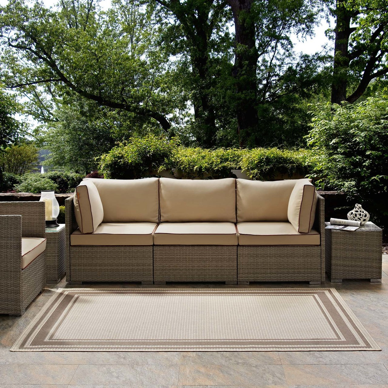 Rim Solid Border Borderline 5x8 Indoor and Outdoor Area Rug, Fabric, Multi Beige 14939