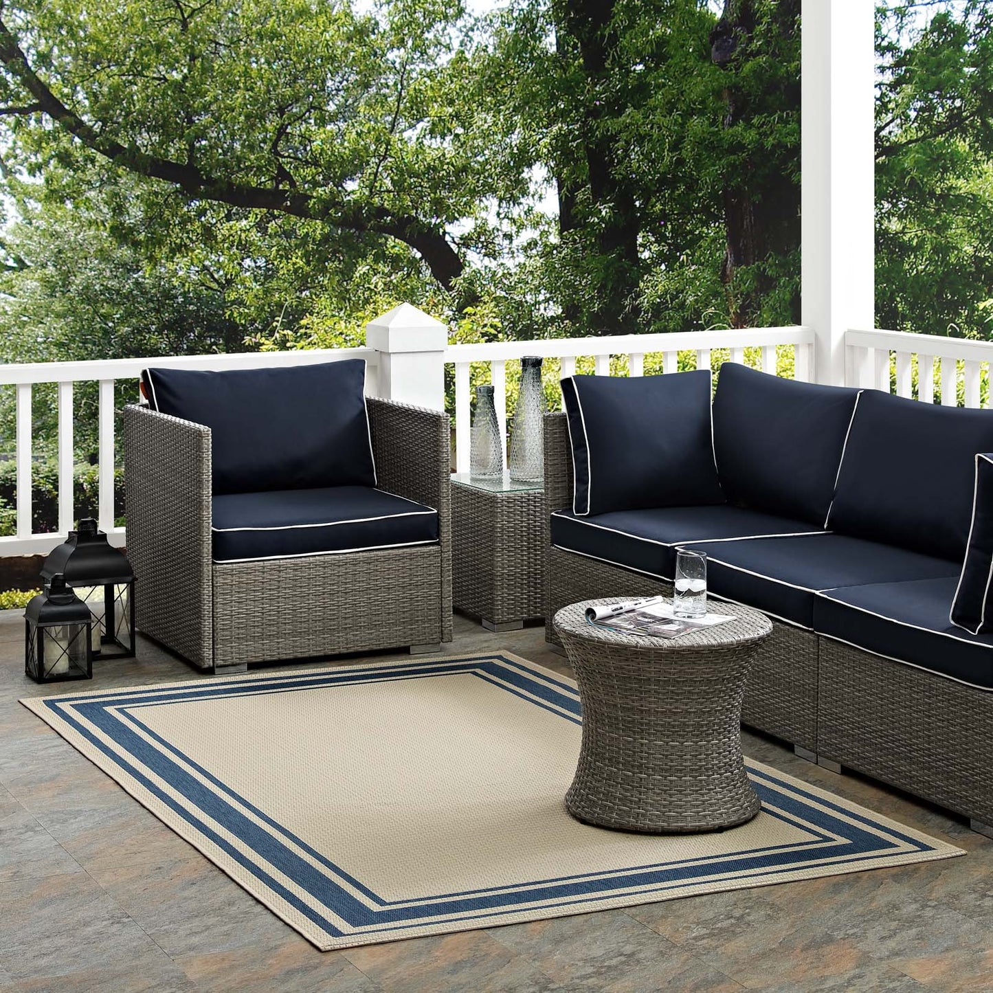 Rim Solid Border 9x12 Indoor and Outdoor Area Rug, Blue Beige, 23106