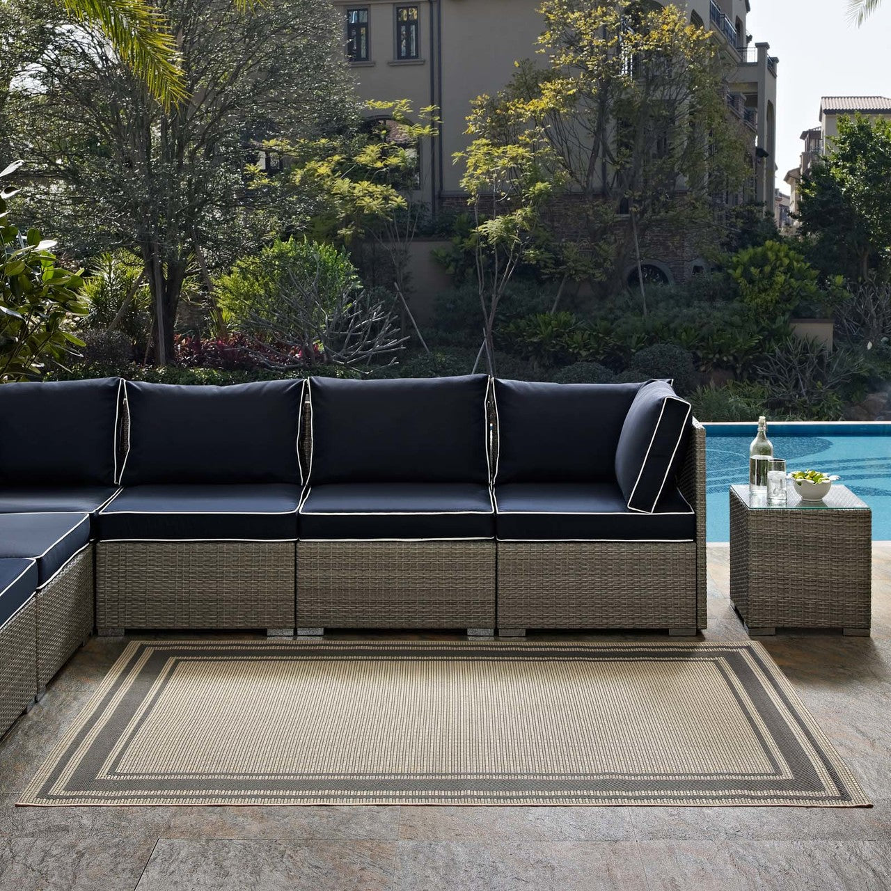 Rim Solid Border Borderline 8x10 Indoor and Outdoor Area Rug, Fabric, Multi Beige 14944