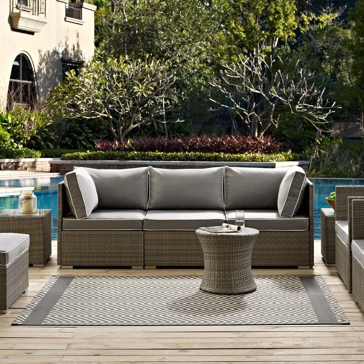 Optica Chevron With End Borders 8x10 Indoor and Outdoor Area Rug, Fabric, Multi Grey Gray 14948
