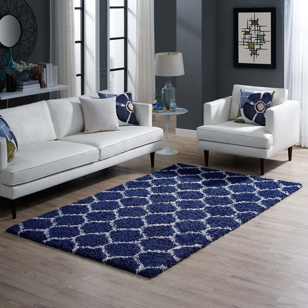 Solvea Moroccan Trellis 5x8 Shag Area Rug, Fabric, Multi Navy Blue 14961