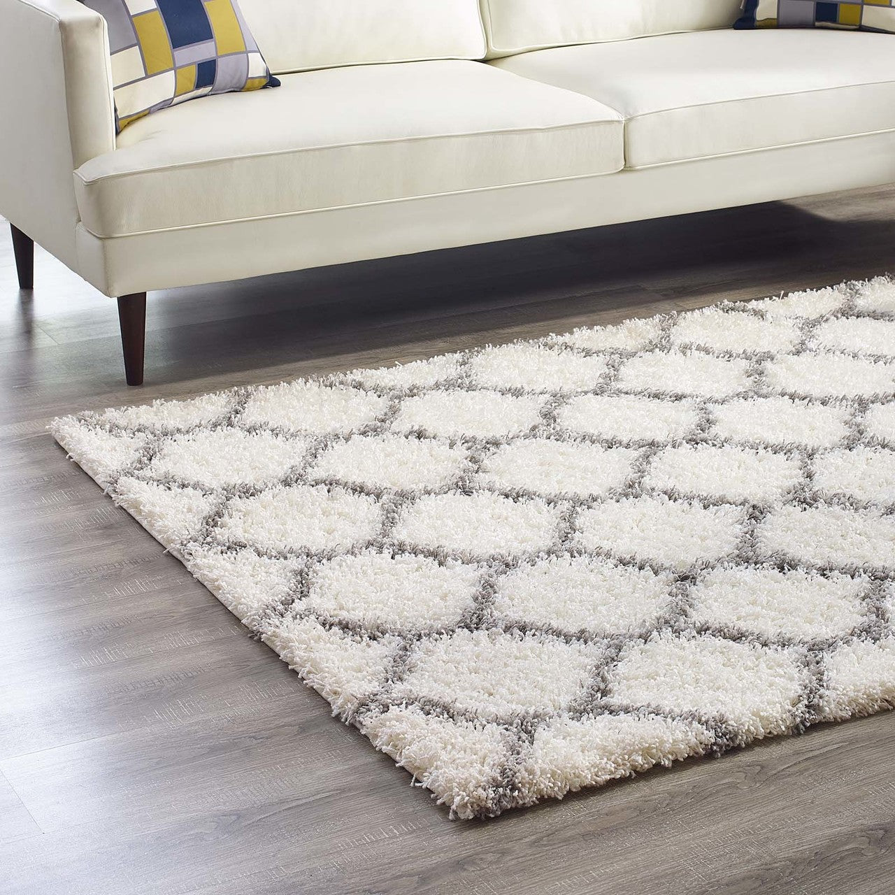Solvea Moroccan Trellis 5x8 Shag Area Rug, Fabric, Multi Ivory White 14965