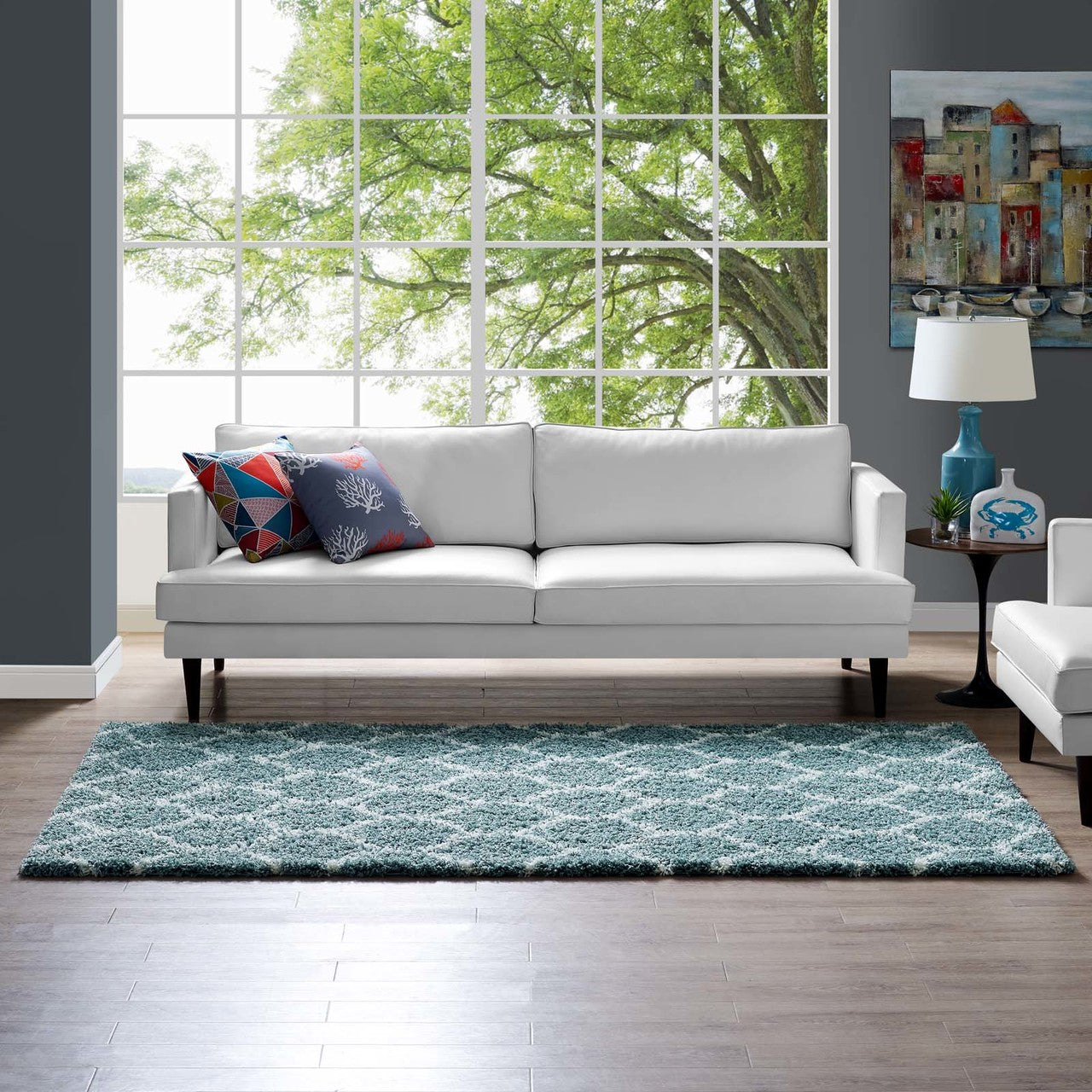 Solvea Moroccan Trellis 5x8 Shag Area Rug, Fabric, Multi Blue 14969