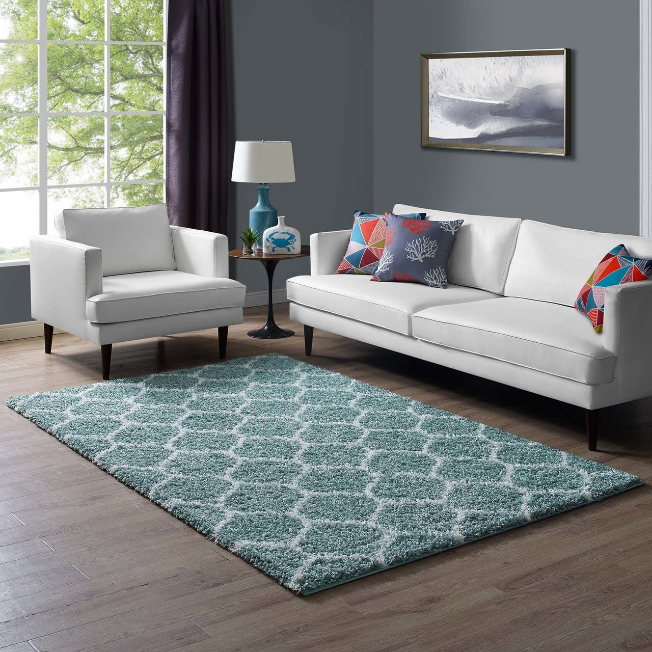 Solvea Moroccan Trellis 5x8 Shag Area Rug, Fabric, Multi Blue 14969