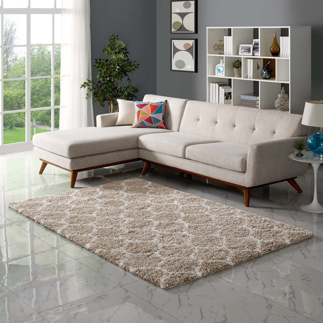 Solvea Moroccan Trellis 5x8 Shag Area Rug, Fabric, Multi Beige 14971