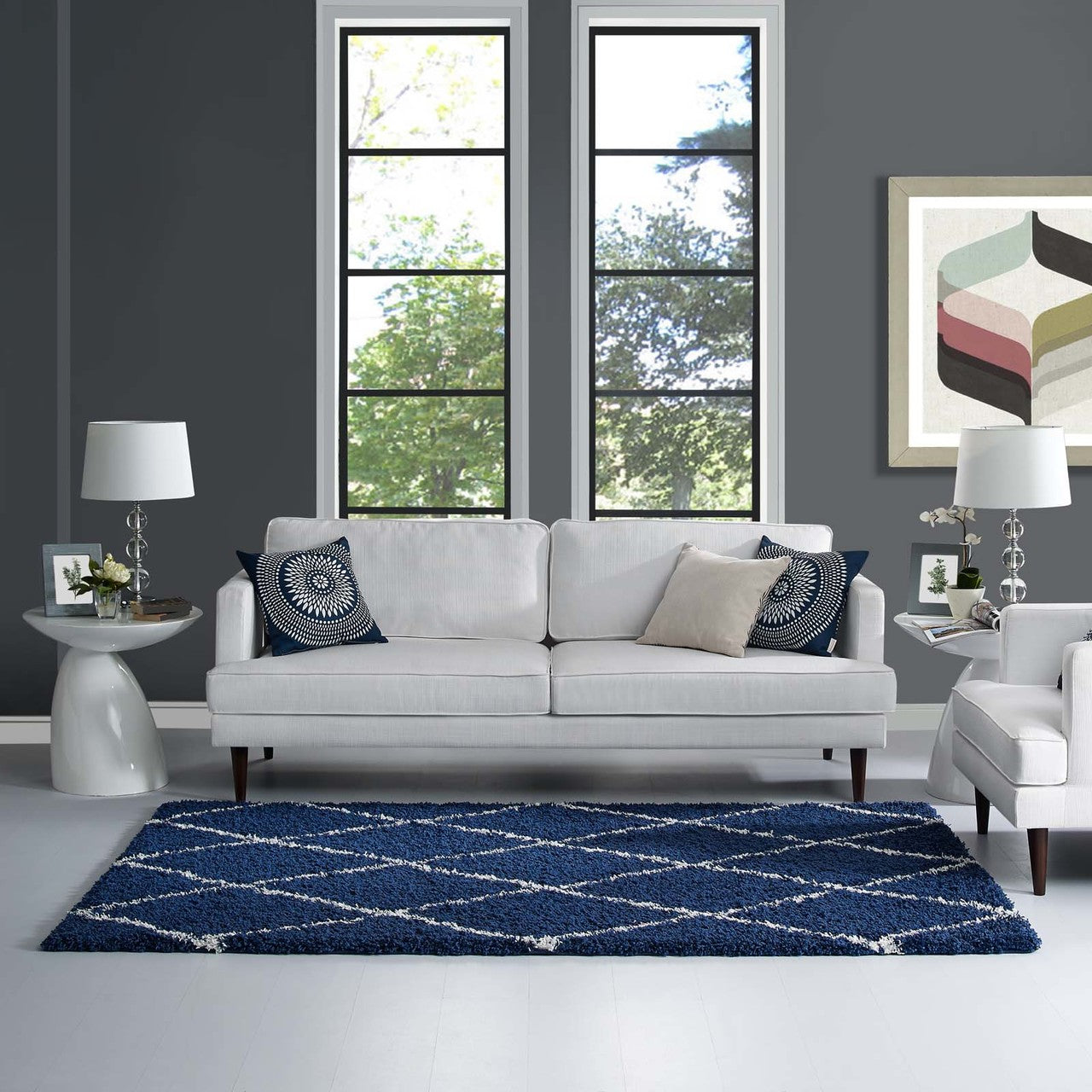 Toryn Diamond Lattice 5x8 Shag Area Rug, Fabric, Multi Navy Blue 14973