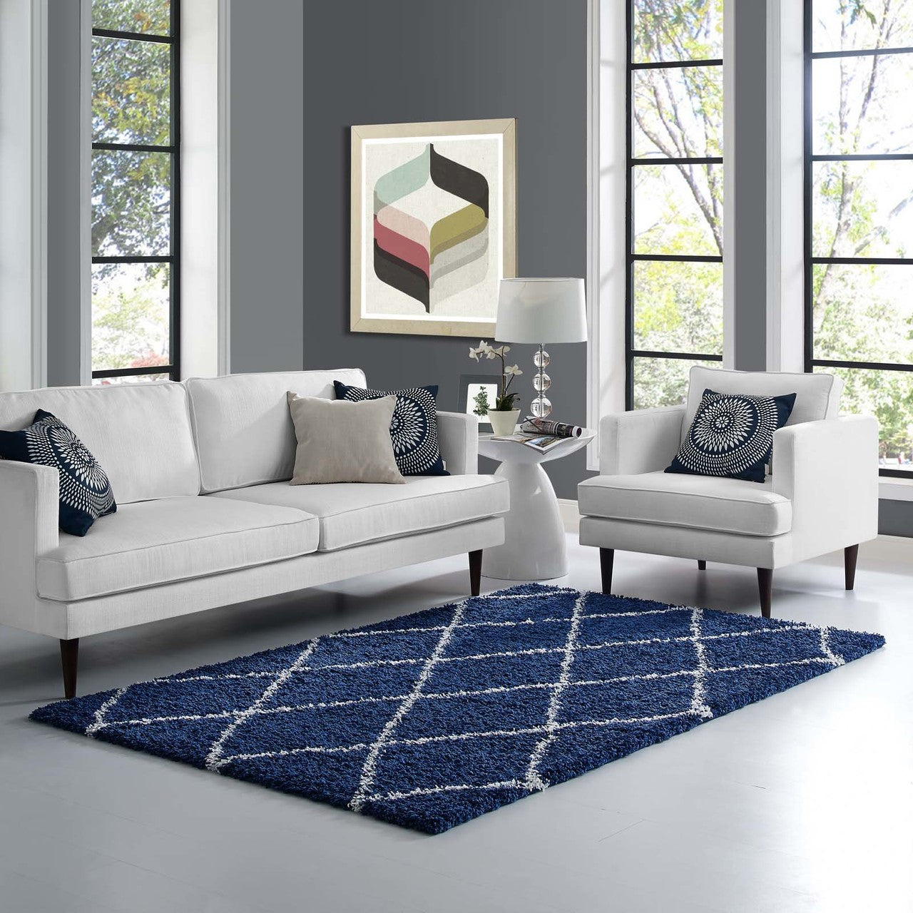 Toryn Diamond Lattice 5x8 Shag Area Rug, Fabric, Multi Navy Blue 14973