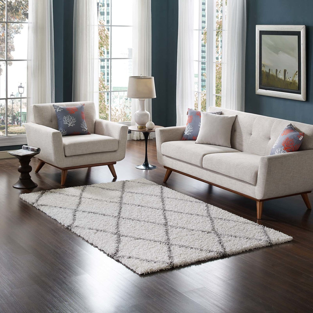 Toryn Diamond Lattice 5x8 Shag Area Rug, Fabric, Multi Ivory White 14977