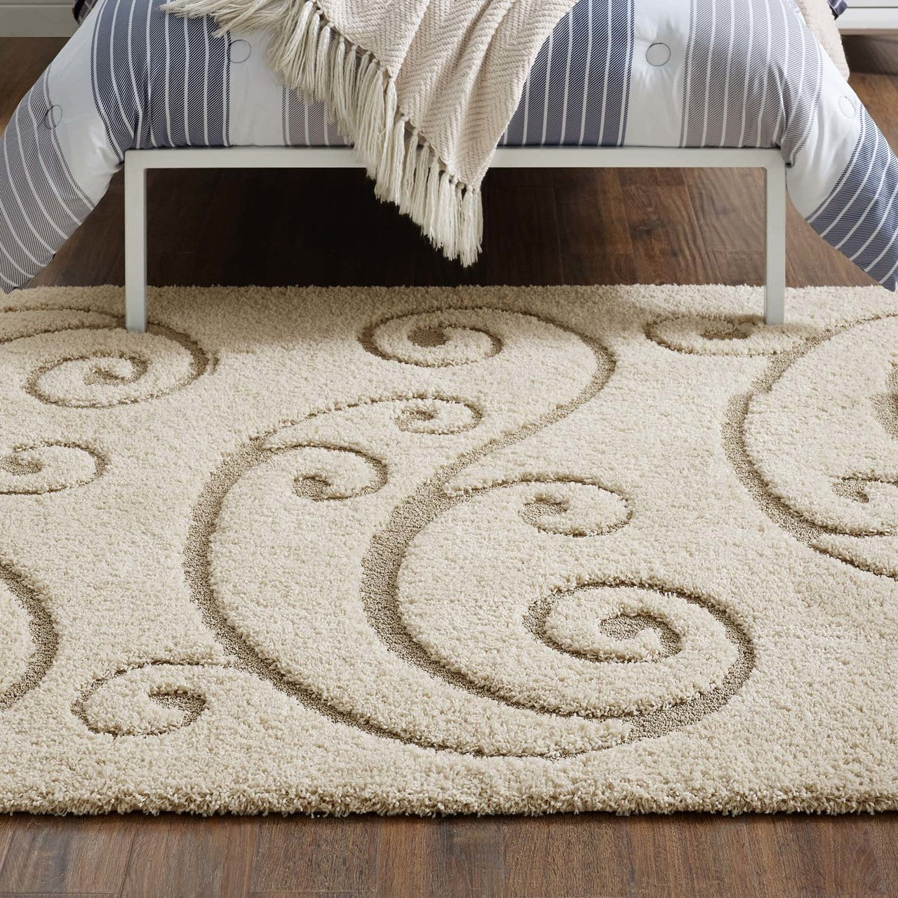 Sprout Scrolling Vine 8x10 Shag Area Rug, Fabric, Multi Beige 15002